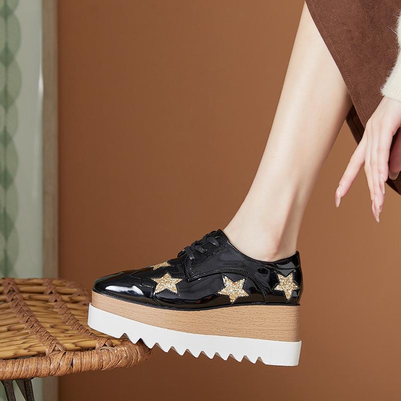 Versatile 2025 Autumn New Star Platform Muffin Sole Casual Shoes Lace-up Wedge Single Shoes Women's British Style HZB-763-3