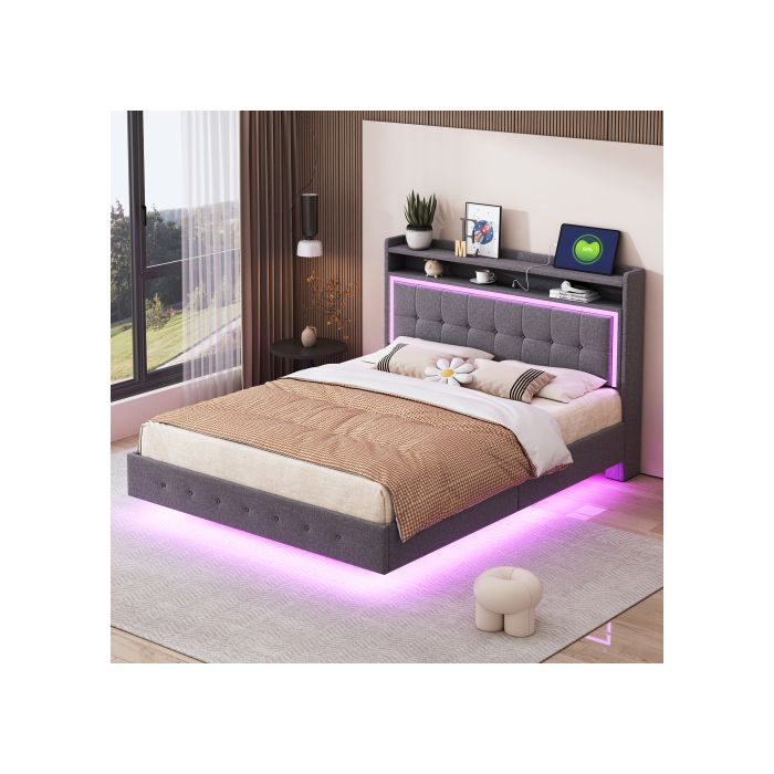 Lit rembourré - MUVOE - 140x200 - Prise USB - Éclairage LED - Tissu lin gris