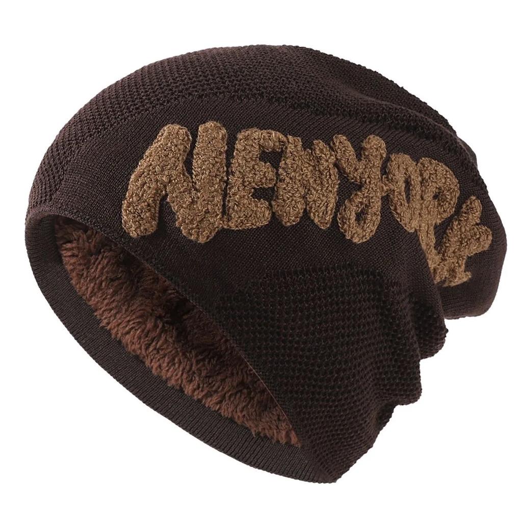 Unisex Fashion NEW YORK Letter Beanie Hat  Men & Women Plush Fur Lined Thick Warm Ski Winter Hat