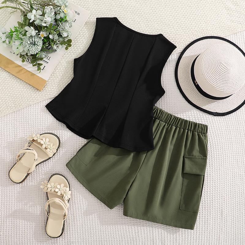 Girls' Fashion Set - Summer Children's Casual Sleeveless Top and Shorts Set