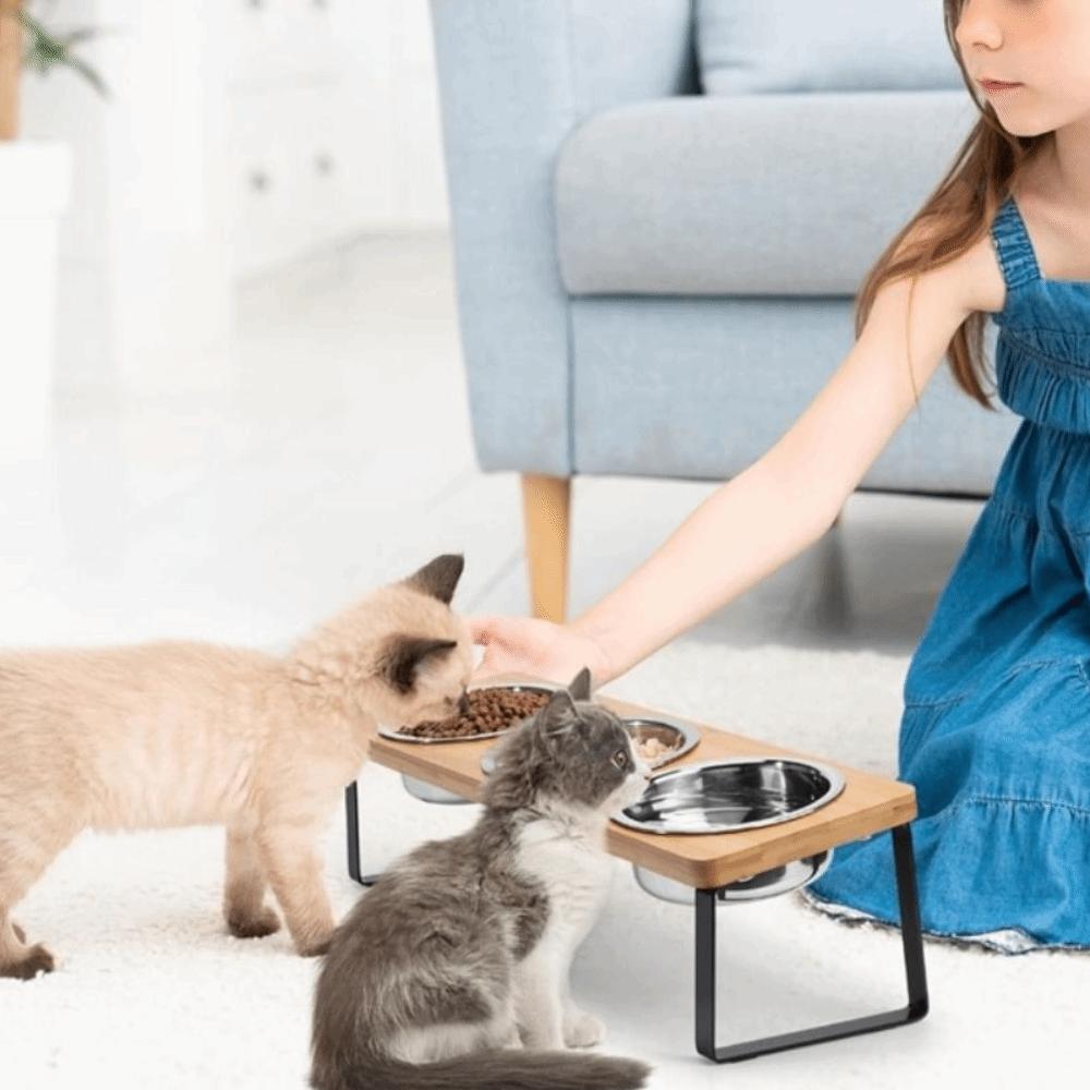 Anti-Leak Pet Feeder Non Slip Wood Dog Water Feeding Dish Cat Bowl Stand  Small to Medium Cats