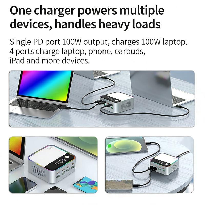 120W Desktop Charger USB Universal Multi-Port PD Fast Charger with Multi-Color Ambient Lighting Display for Mobile Phones Laptop
