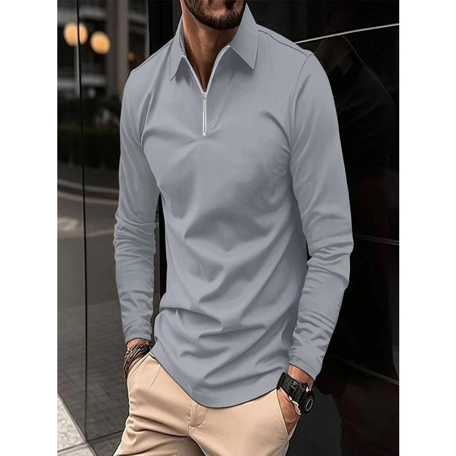 Wiosna Jesień Solidne Koszulki Polo Moda Męska Sportowa Koszulka Polo Z Długim Rękawem Z Kołnierzem Na Zamek Błyskawiczny