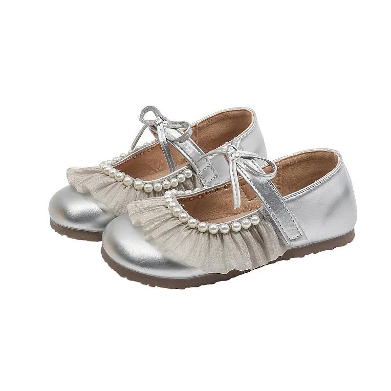New Sweet Girl Leather Shoe Lace Pleated Children's Flats Elegant Versatile Kids Causal Princess Wedding Party Shoes Soft Bottom