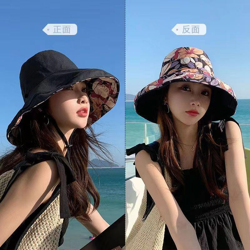 Japanese double-sided flower hat female summer big edge face covering cotton and linen bucket hat sunshade sunscreen ultraviolet sun hat