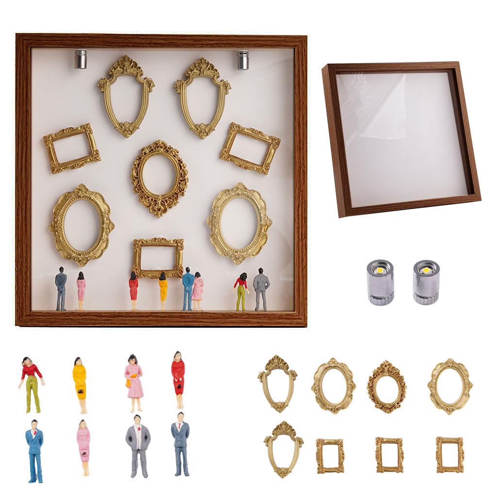 Mini Museum Photo Album Mini Museum Silhouette Box Stylish Creative Memory Display Kit with Miniature Statue and Gold Frame