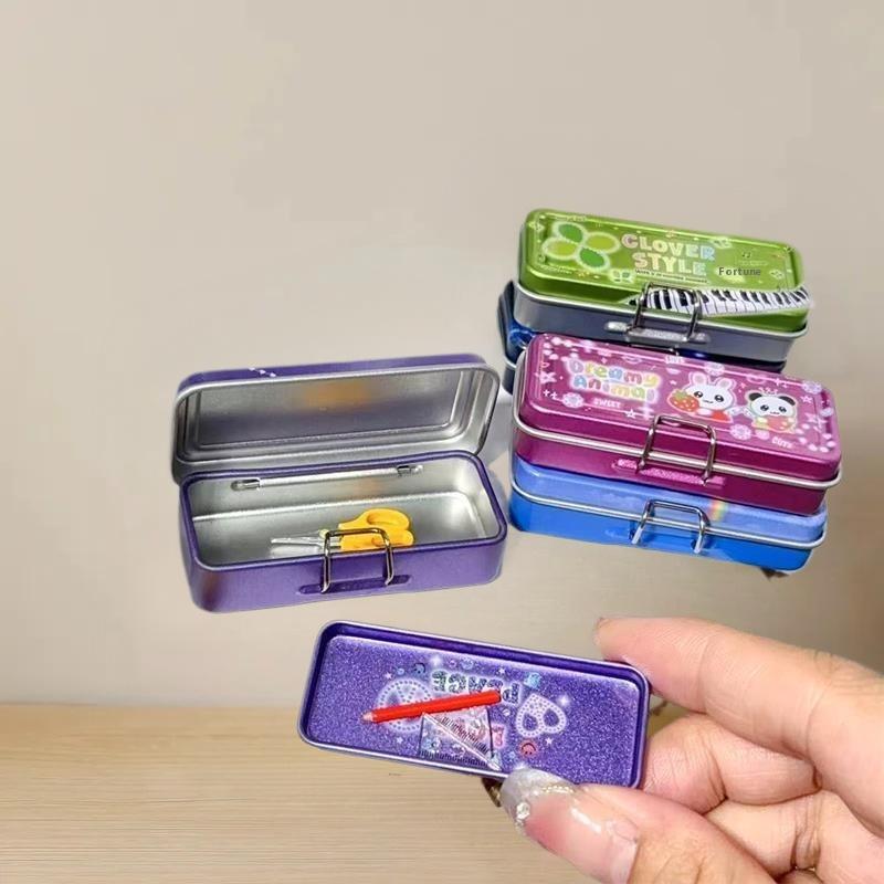 Dollhouse Miniature Double Layer Iron Pencil Box Pen Ruler Measuring Tape Scissors Model For Doll House Decor Pretend Play Toys