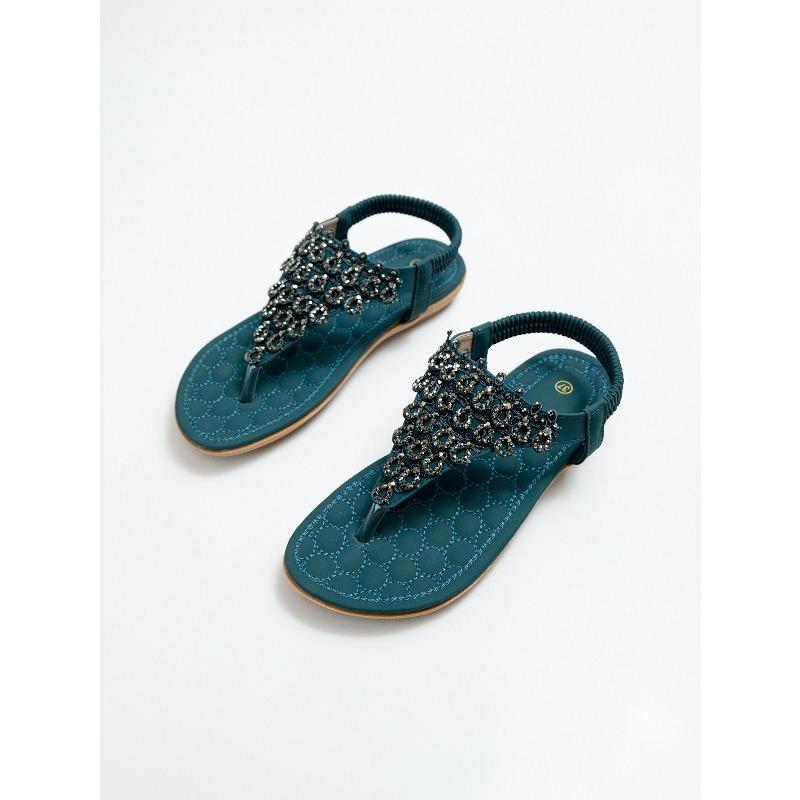 New Sandals with Hand Embroidered Thread, Rhinestones, Oversized Clip On Flat Shoes