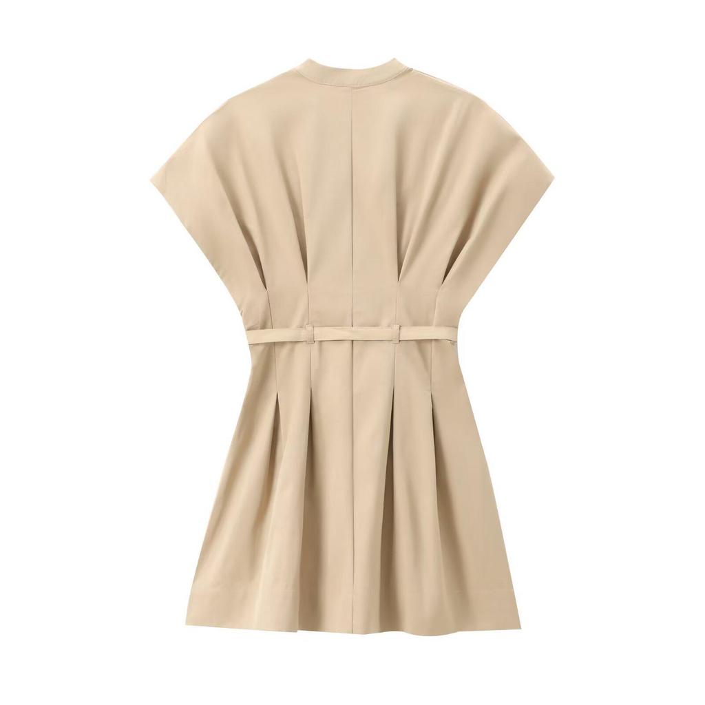 2024 Spring/Summer Khaki Pleated Short Dress for Women 8289