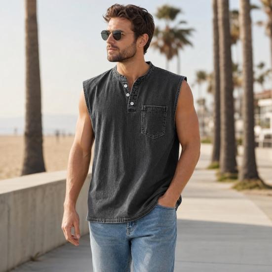 Men's Sleeveless Shirts, V Neck Breathable Shirts, Casual Summer Lightweight Pocket Top, Button Up Solid Color Stretchable Top for Summer