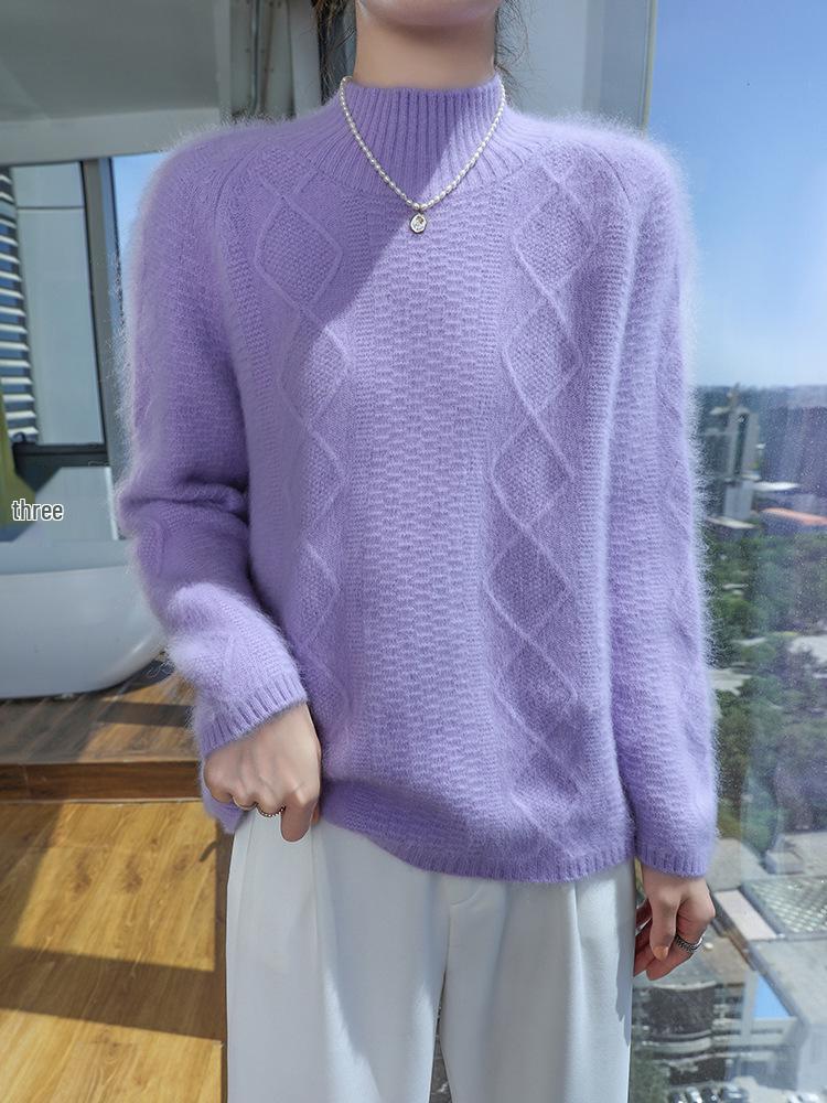 Women's Mink Cashmere Sweater, Semi-High Neck, Thick Loose Knit Pullover