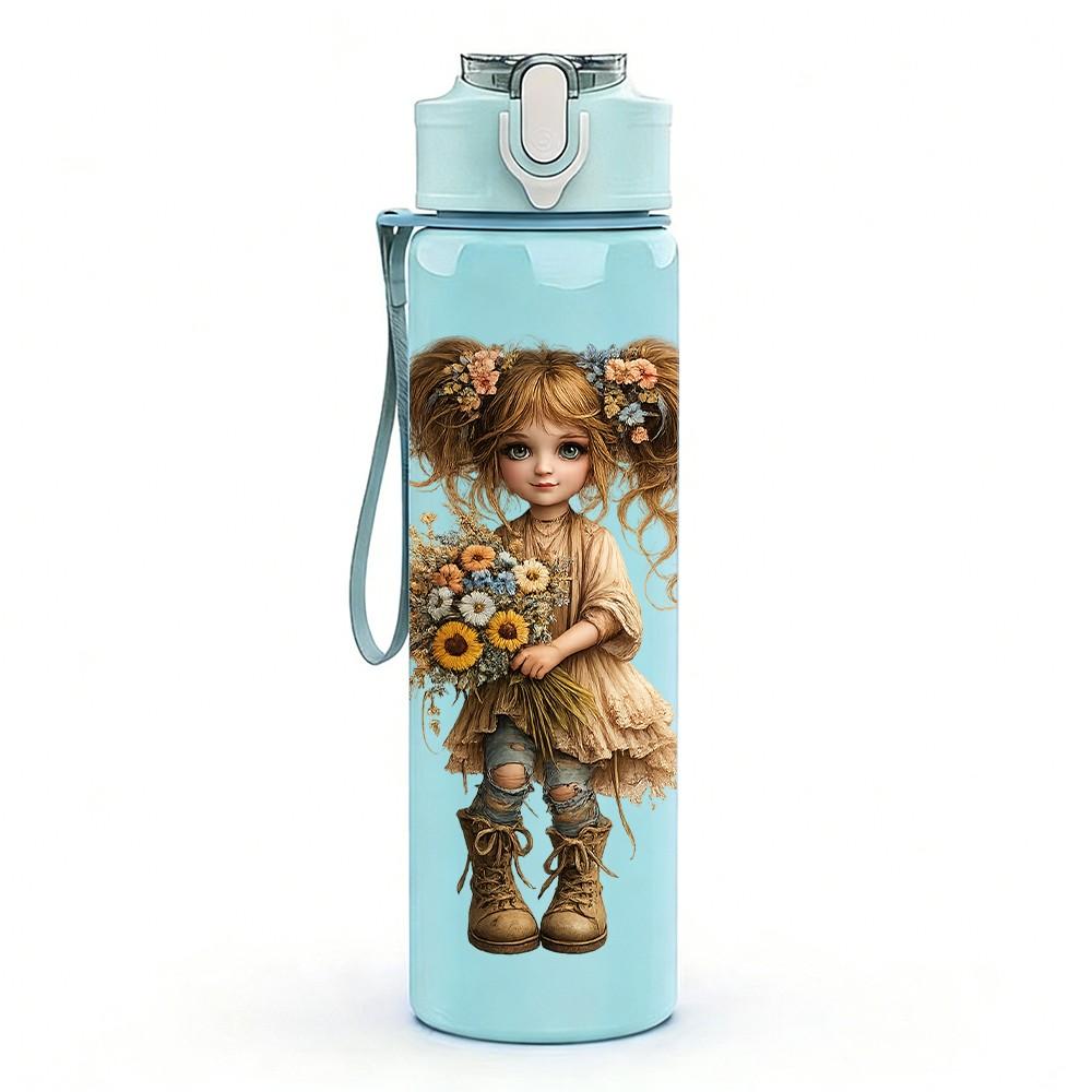 1PC Messy Hair Rag Doll Girl Character Print 750ml Color Plastic Sports Water Bottle Leakproof Flip Straw Lid Suitable for Sports Office Home Use