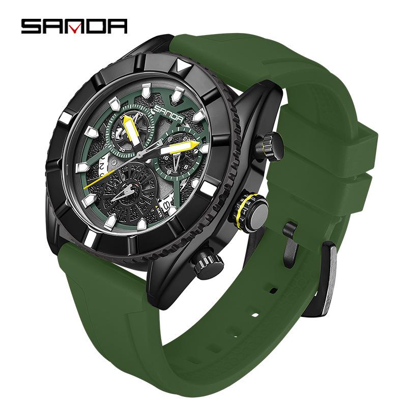 Sanda Men s Quartz Watch: Luminous, Three Sub-dials, Six Hands, Simple Calendar Design