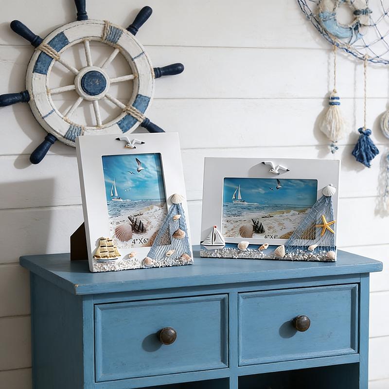 WTEMPO DIY Ocean Photo Frames Summer Shell Photo Frames Mediterranean Wooden Platform Frame Decoration Horizontal and Vertical