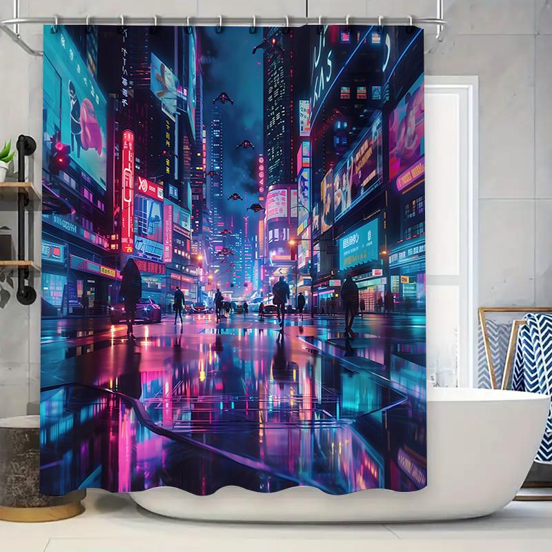 Cyberpunk Future City Night View Shower Curtain Cyber Style Decor Waterproof Mildewproof for Bathroom Home Decor Essential