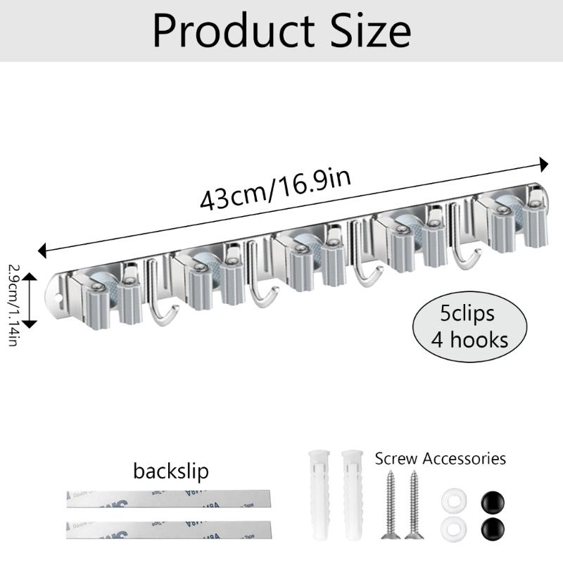 Wall Mounted Rack Space Saving Brooms Organizer Storage Solution for Bathroom