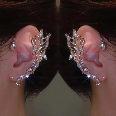 Ohrmanschette im koreanischen Stil, ausgehöhlt, glänzend, ohne Piercing, Temperament, Schmetterling, Elfe, eingelegter Strass
