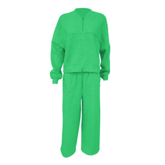 2 Pcs/Set Women Coat Pants Set Stand Collar Long Sleeve Zip-up Elastic Cuff Jacket Drawstring Stretchy High Waist Wide Leg