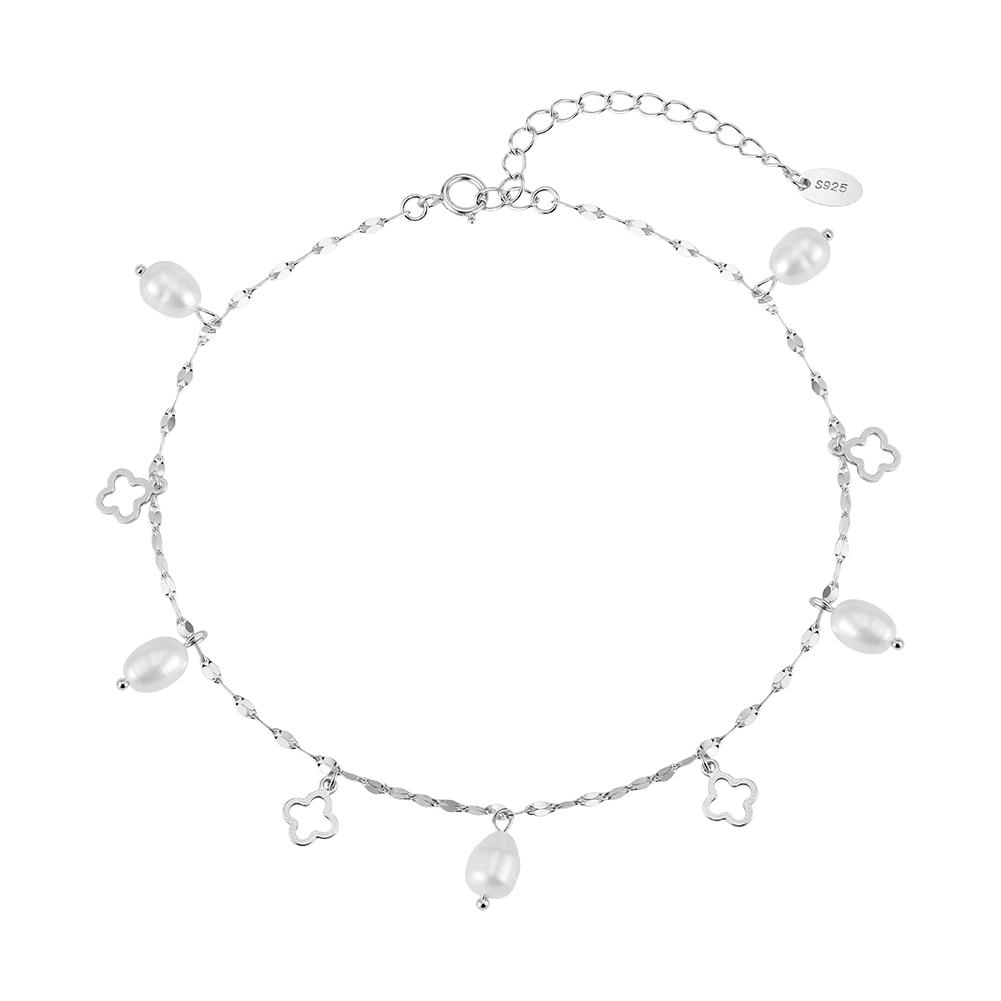ORSA JEWELS Elegant 925 Sterling Silver Clover Chain Anklets with Pearls for Women Summer Fashion Ankle Bracelets Jewelry SA105