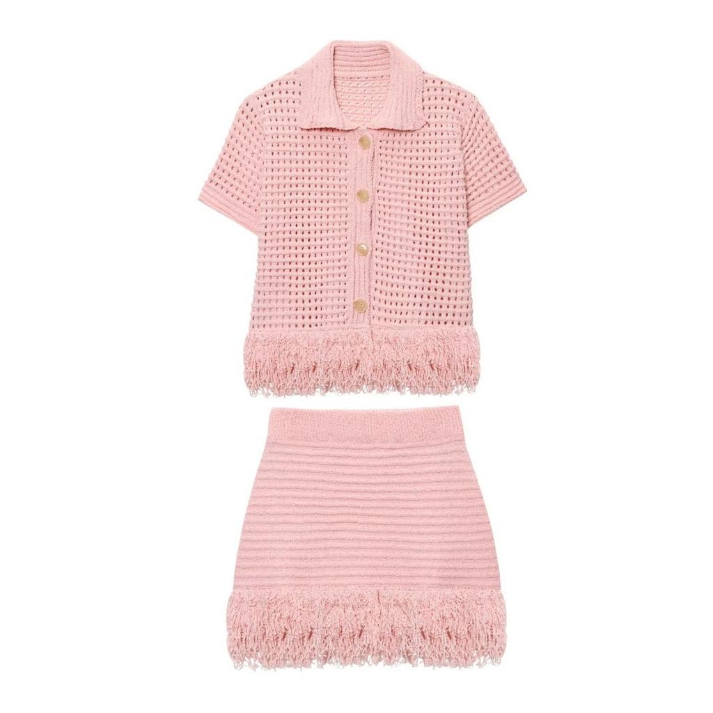 2025 Summer New Style Four-Color Optional Women's Fashion Suit Fringed Plaid Knitted Jacket & Fringed Skirt Suit