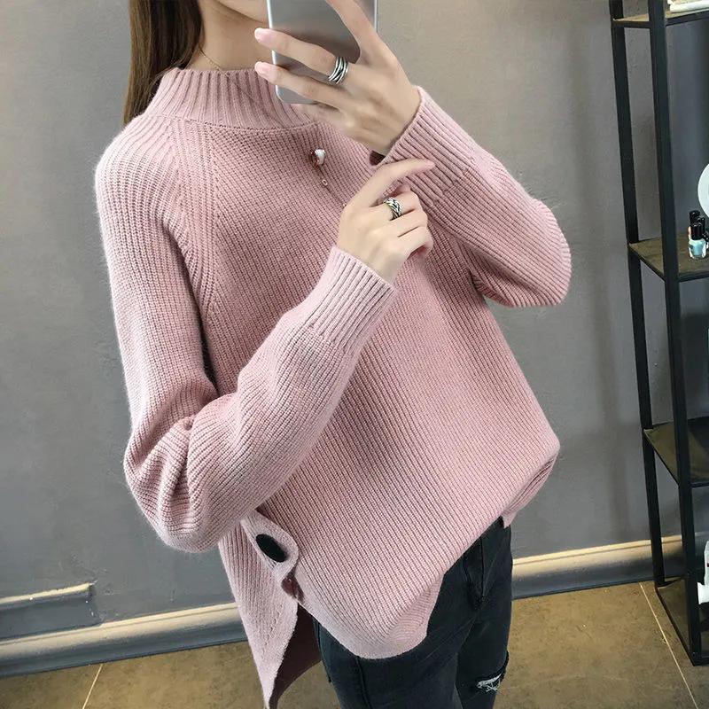Half Turtleneck Pullover Sweater Women's Short Kniterwear Autumn Winter Long Loose Bottoming Shirts