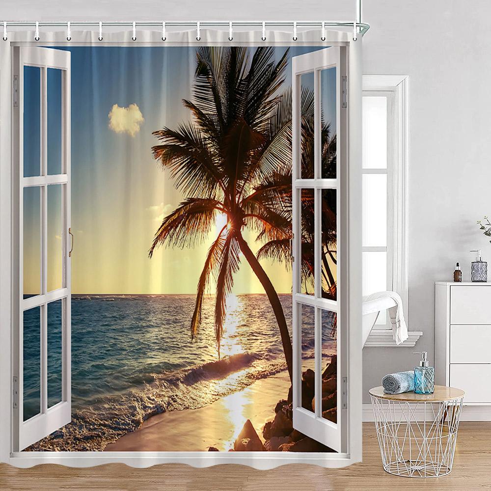 Coastal Shower Curtain Open Window View Of The Sky Clouds Rising Sun Seascape Grass Morning Scenery Bathroom Decor Set With Hook
