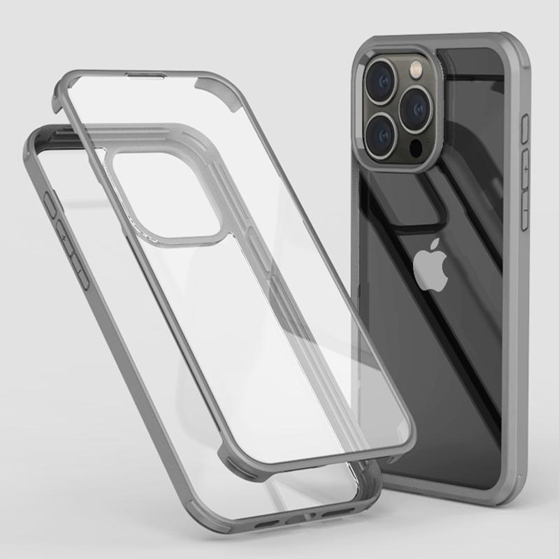 

For iPhone 15 Pro Protective Slim Case Double-Sided Tempered Glass+Silicone Frame Phone Case Light Grey