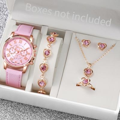 5 Stück/Set Mode Damen Uhr Strassstein Herz Schmuckset Uhr Lässiges Lederarmband Quarz Armbanduhr (Ohne Box)