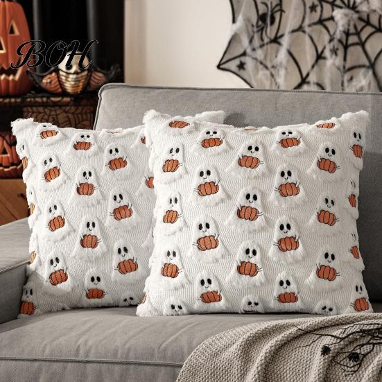 Black White Ghost Cushion Cover Halloween Cover, Plush Embroidered Throw Pillow 18x18 Home Decor Inch Cute Case for Sofa Bed Cozy Living Room Accents