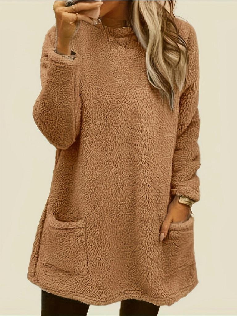 Women's Casual Long-Sleeve Plush Sweater with Pockets, Autumn/Winter Collection