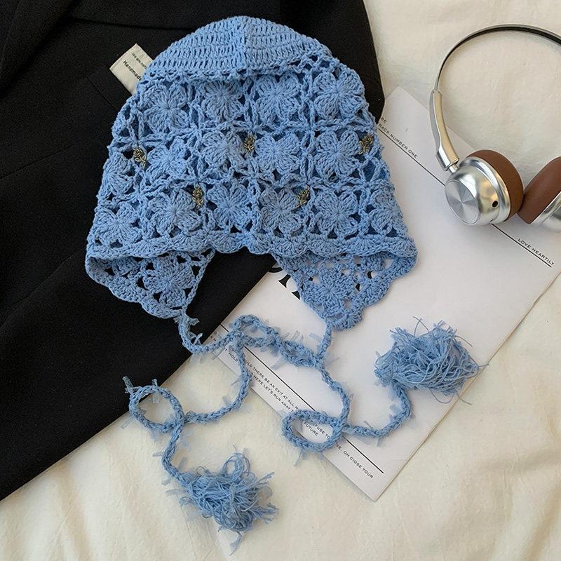 Spring And Summer New Products, Hand-Crocheted Hollow Flower Headgear, Women'S Ethnic Style Fringed Knitted Pullover Hat