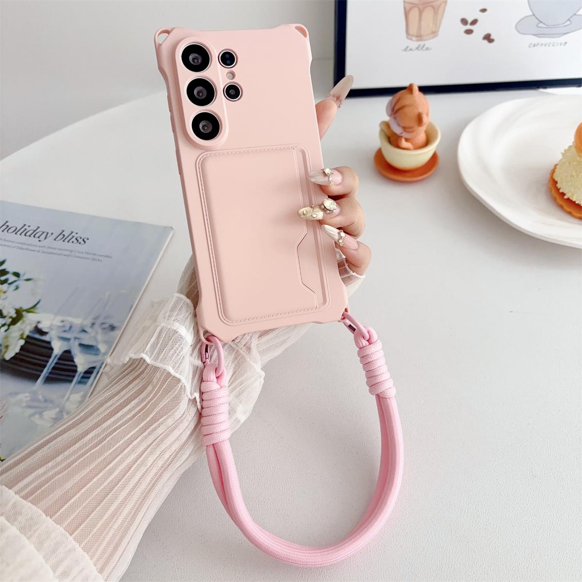 

Silicone Wrist Strap Wallet Card Holder Phone Case for Samsung Galaxy S26 S25 S24 Ultra S23 FE S22 Plus A17 A56 Protective Cover Galaxy S26 розовый