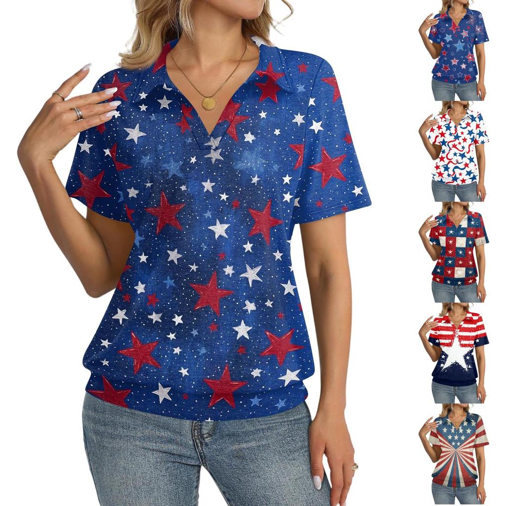 Women Short Sleeve Collared Shirt with Star Print Casual Loose Fit Button Down Top for Daily Wear Holiday Outings Work