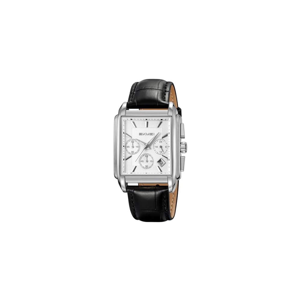SKMEI Square Analog Chronograph Watch for Men Black Leather Band Water Resistant Business Casual Silver