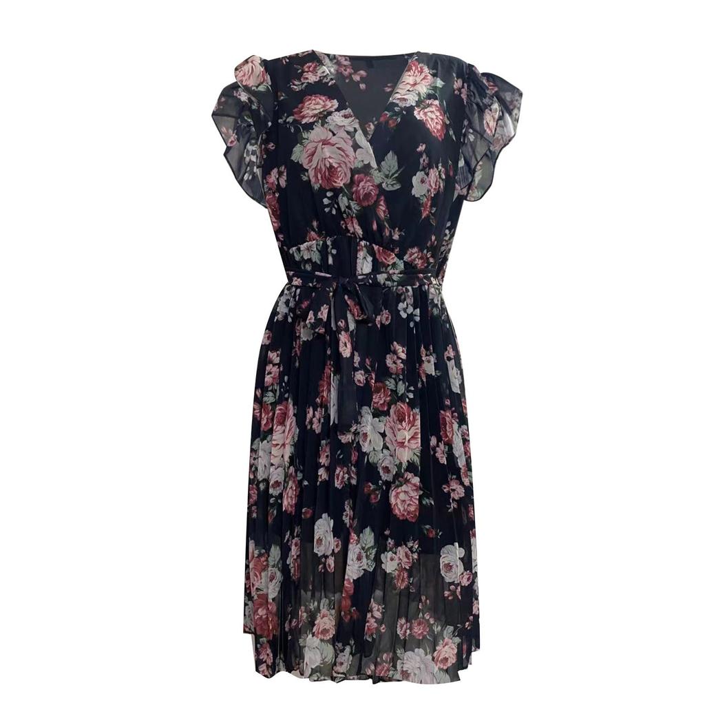 Women's Fashion Slim Sweet Sleeves Waist Floral Pleated Waist Dress