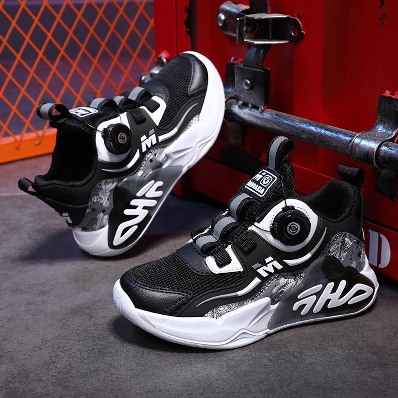 Autumn leather new children's sports shoes, boys and girls breathable rotating buckle sports running shoes shock absorption and non-slip