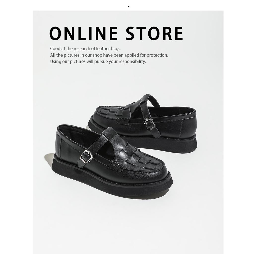 Leather Deep Mouth Single Shoes Women's Spring New Belt Buckle Braided Thick-soled Love Wo Wo Mary Jane Shoes Rubber Soles