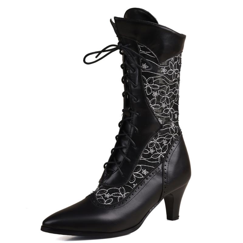 Autumn Spring Mid-calf Boots Women Fashion White Black Boot Elegant Lace Low Heels Lace-up Party Shoes for Girls Big Size 45 48