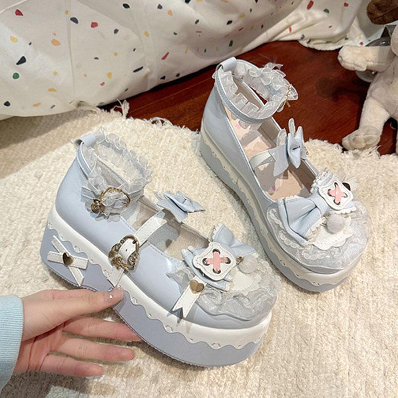 Comemore Sweet Lolita Style Girls Flat Platform Women Pumps Students Cute Bowknots Patch Mary Jane Ankle Strap Loafers Shoes