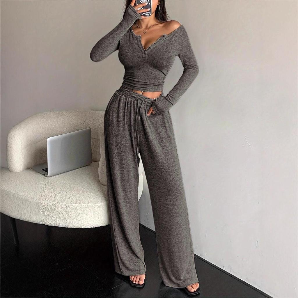 2025 Cross-Border Women's Fall Two-Piece Set: Long-Sleeve Button-Up Bodycon Top + Extra-Long Pants
