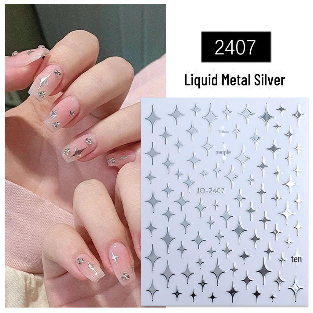 Silver Star & Moon Nail Art Stickers - Liquid Metal Love, Five-Pointed Stars, and Tiny Stars Decals.
