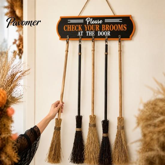 Halloween Home Decor Broom Parking Sign, Check Your Brooms Wooden Wall Hanging Sign Witch with Hooks for Indoor Outdoor Front Porch Creative