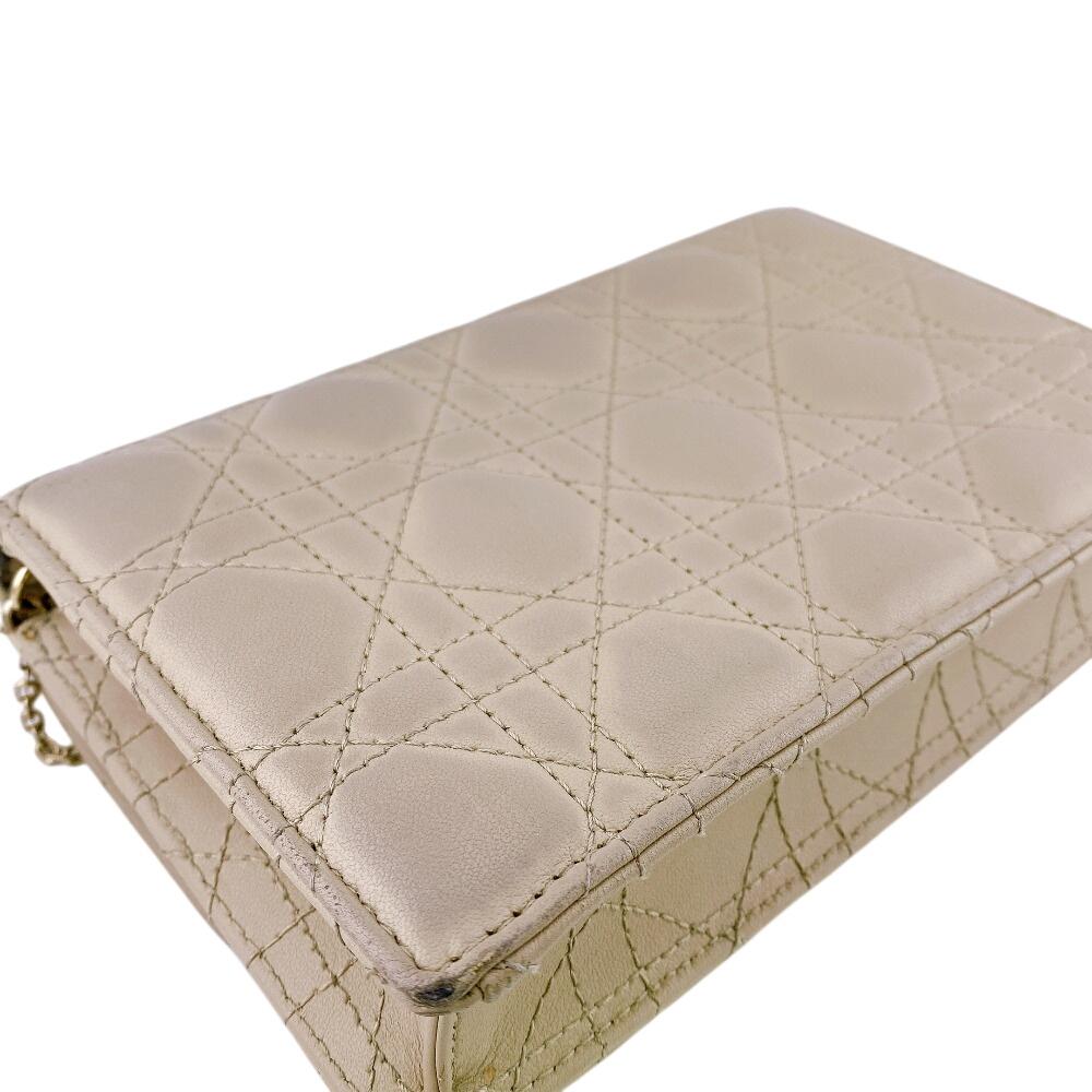 Christian Dior Logo Leather Lady Dior Wallet Chain Beige Leather Used