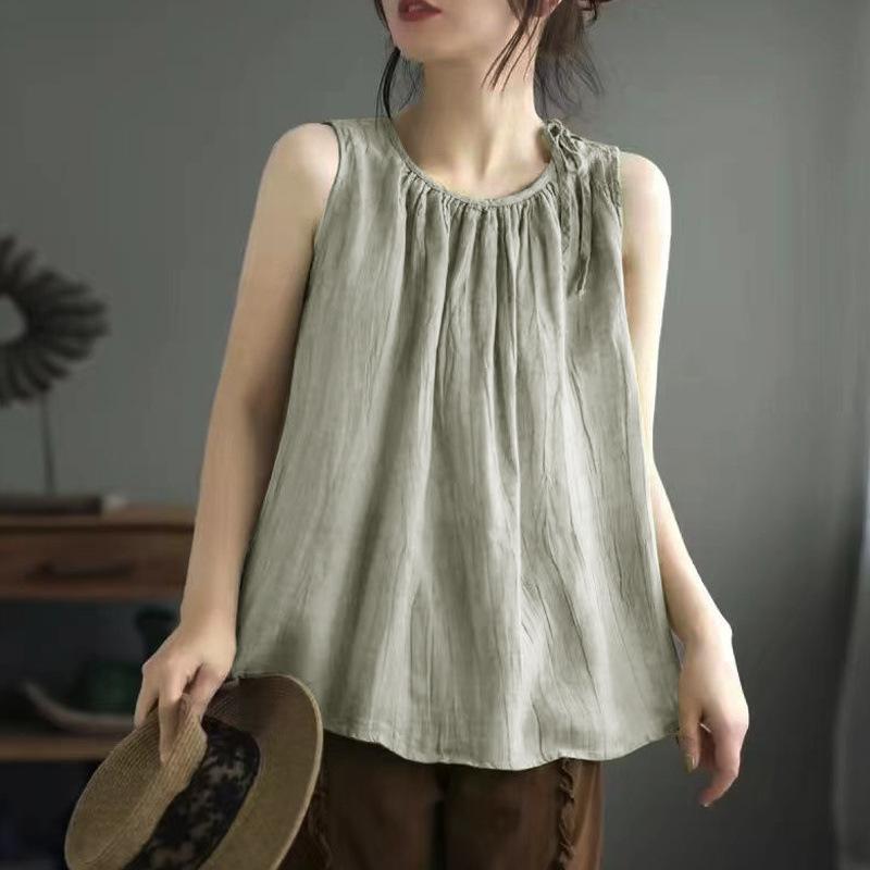 Cotton Linen Vest Women Summer Vintage Loose Casual Sleeveless Tops