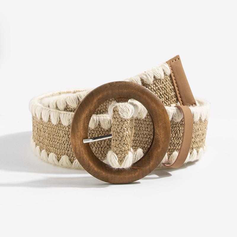 Bohemian Belt, Women's Straw-woven Woolen Decorated Round Wood Buckle Elastic Belt, Natural Vacation Style Belt