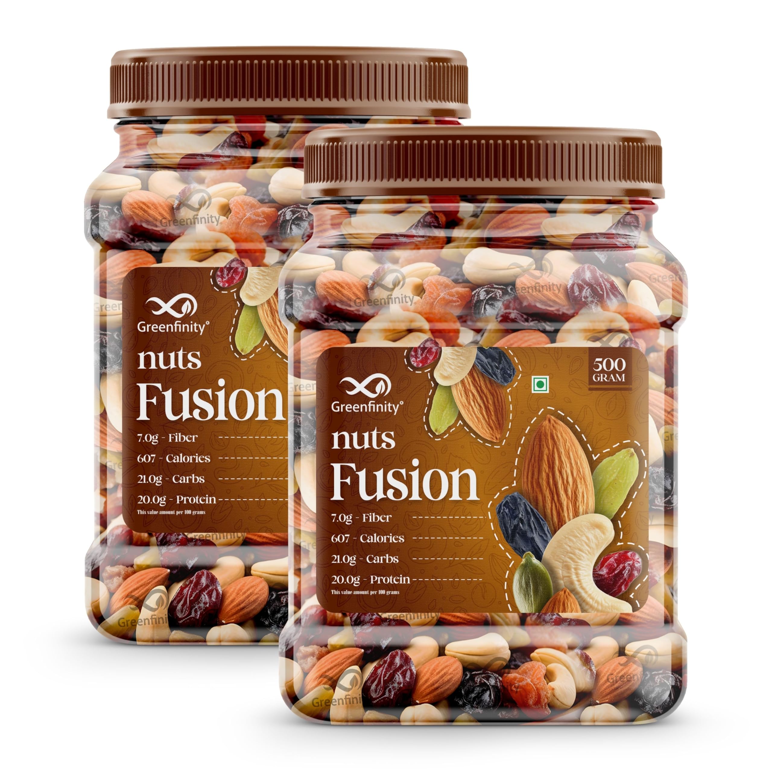 

GreenFinity Mixed Dry Fruits Pack - 1kg (500g x 2) | Nutritious Snack with Almonds, Cashews, Raisins & Cranberries | Resealable Pack for Freshness