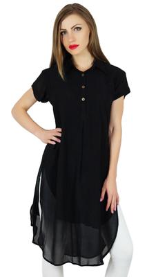 Frauen Schwarze Georgette Tunika Kurze Kurta Kurti Lässige Bluse Sommer