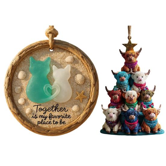 Vánoční ozdoba Highlandská kráva 2D Akrylové vánoční ozdoby do auta Slavnostně tématická závěsná dekorace na zpětné zrcátko, na stromek a pro sváteční domácí expozici