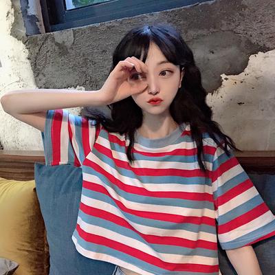 New Summer Loose Rainbow Striped Short-sleeved T-shirt for Women Hyuna Style Student Short Navel Top
