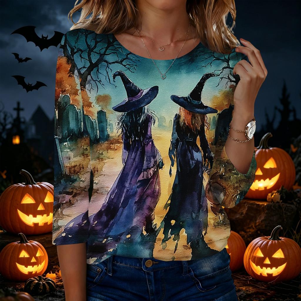 Women's Casual Halloween Print Neck 3/4 Sleeve T-Shirt Top